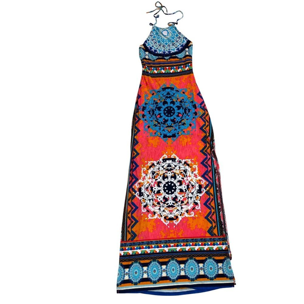 Siever Gate Boho Maxi Dress Side CutOuts Stretch Halter Summer Beach Dress Sz S